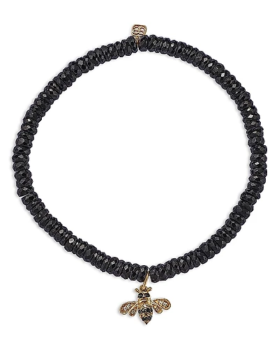 Sydney Evan 14K Yellow Gold White Diamond & Black Diamond Small Bee Charm Beaded Bracelet