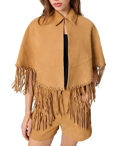 Fringe Trim Leather Coat