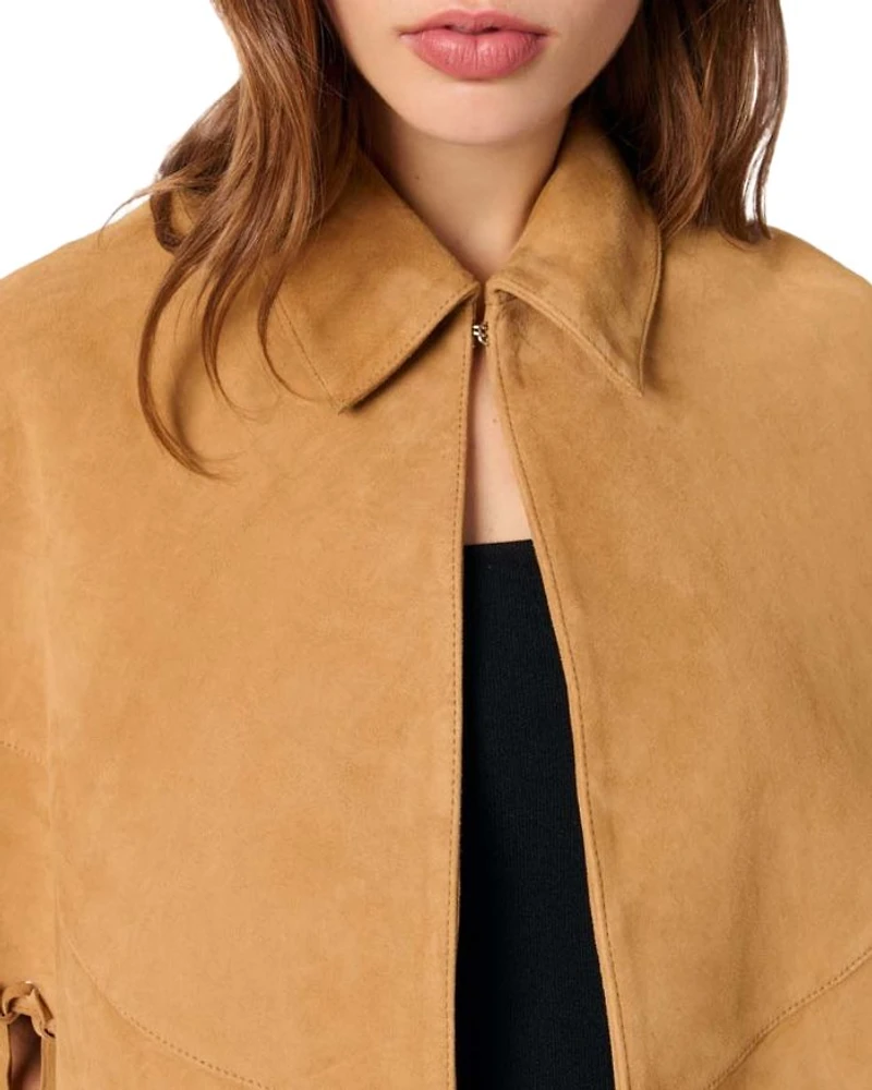 Fringe Trim Leather Coat