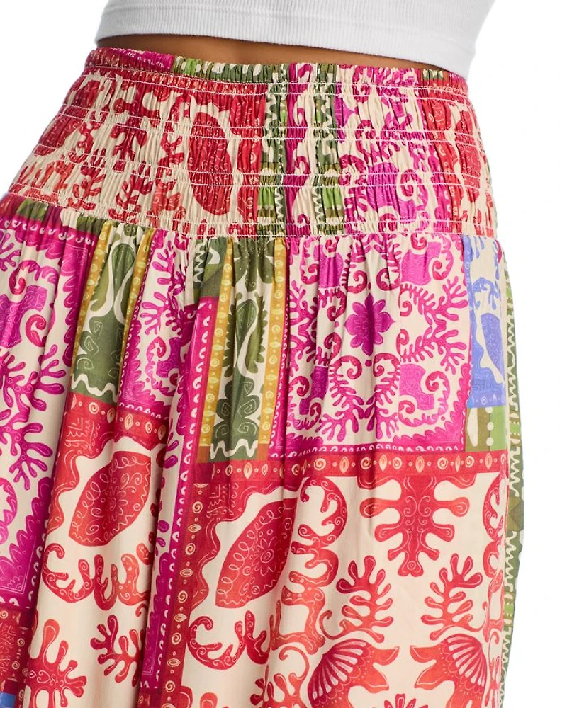 Mixed Print Smocked Waist Wide Leg Pants - Exclusive