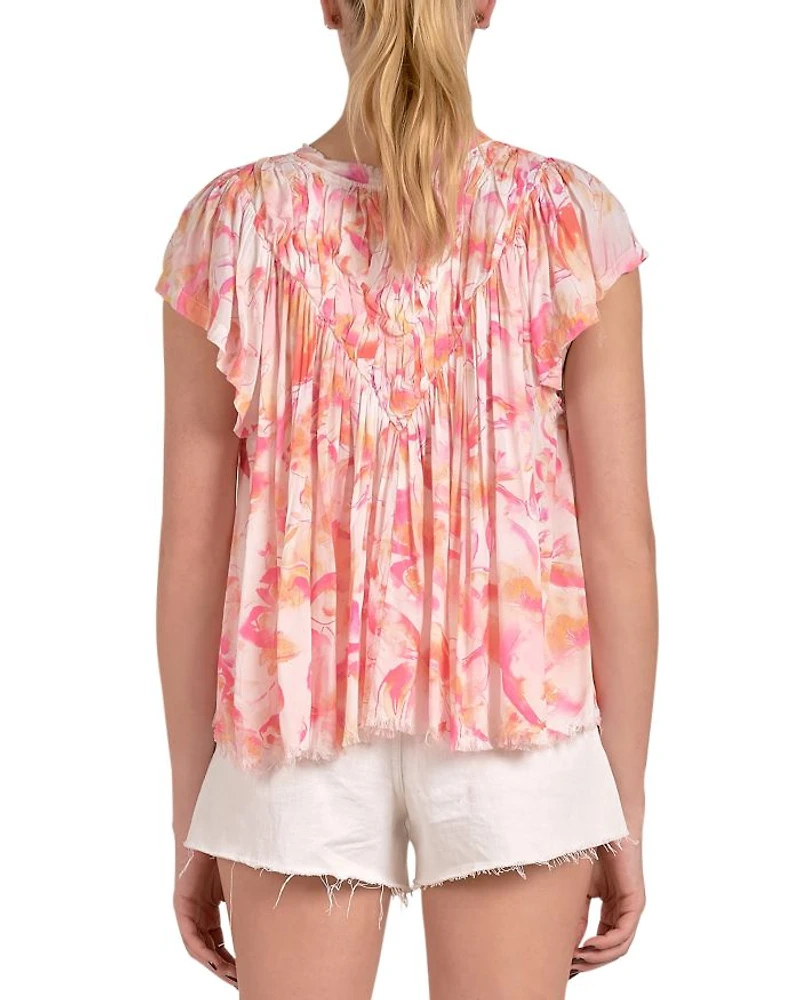 Printed Frilled Short Sleeve Top