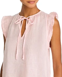Linen Tie Neck Ruffle Sleeve Top