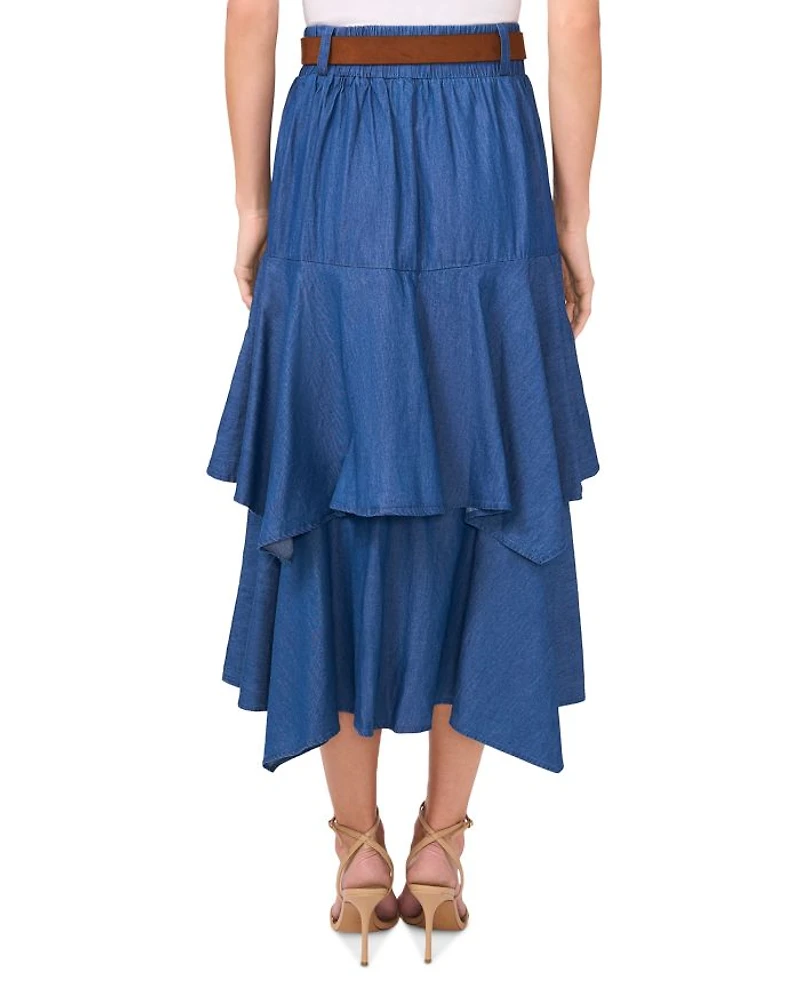 Three Tier Belted Denim Midi Skirt