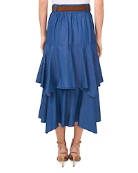 Three Tier Belted Denim Midi Skirt