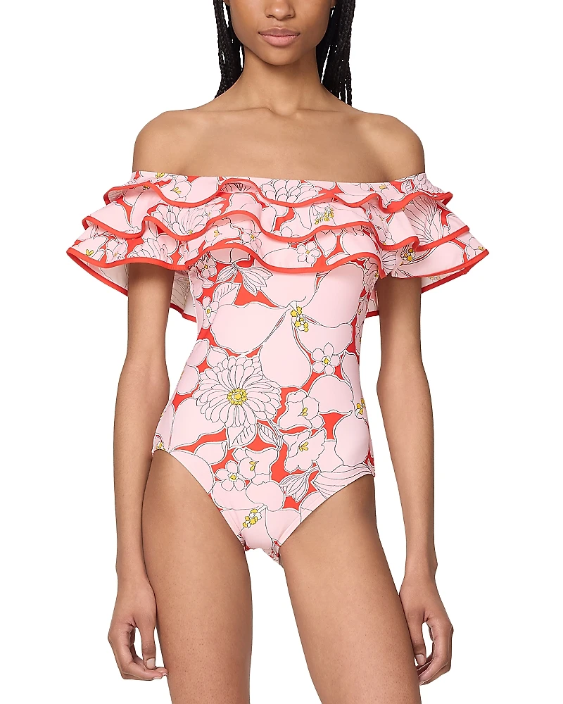 kate spade new york Printed Ruffle Bandeau One Piece Swimsuit
