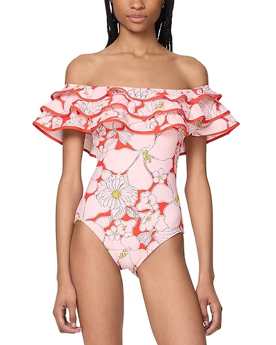 kate spade new york Printed Ruffle Bandeau One Piece Swimsuit