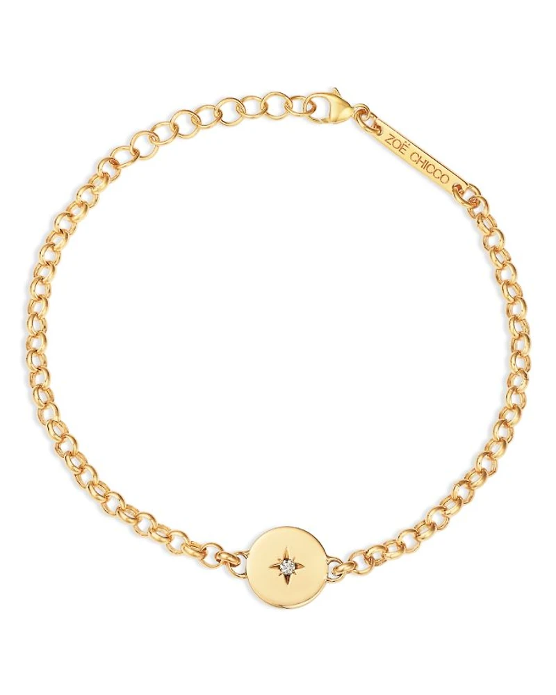 14K Yellow Gold Diamond Star Disc Link Bracelet