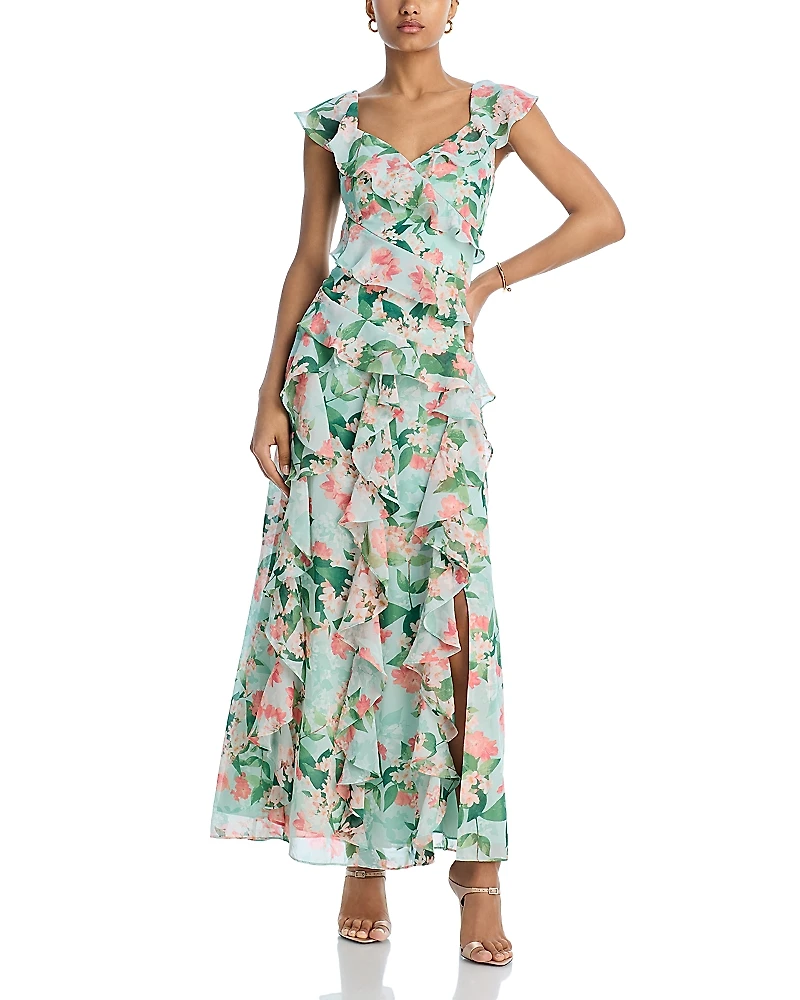 Eliza J V Neck Flutter Sleeve Asymmetrical Ruffle Gown