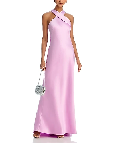 Aqua Long Satin Tie Neck Gown - Exclusive