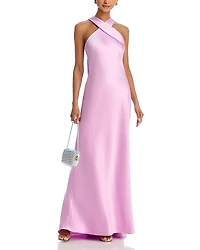 Aqua Long Satin Tie Neck Gown - Exclusive