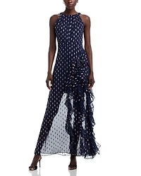 Metallic Crescent Chiffon Ruffle Gown