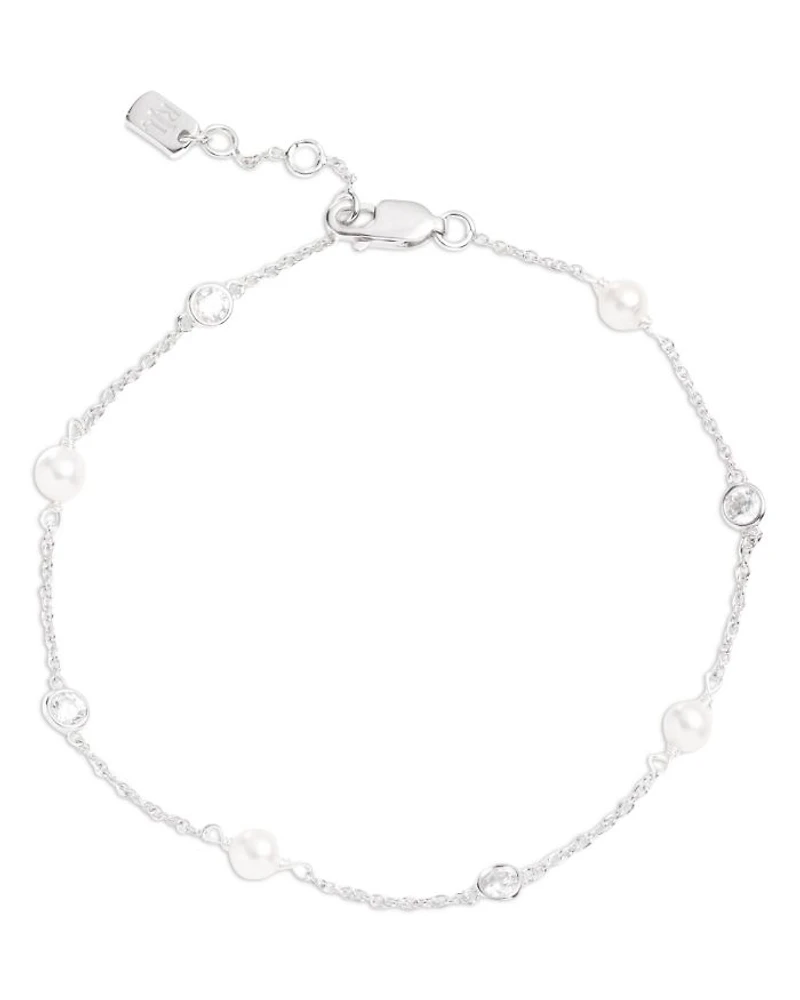 Cubic Zirconia & Cultured Freshwater Pearl Link Bracelet in Sterling Silver