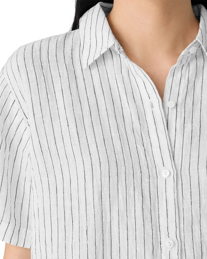 Puckered Linen Striped Short Sleeve Shirt