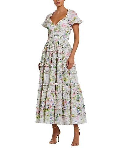 Mac Duggal Cap Sleeve V Neck Open Back Floral Cotton Dress