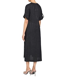 Serafina Short Sleeve Midi Shift Dress with Side Skirt Buttons Metallic Striped Linen