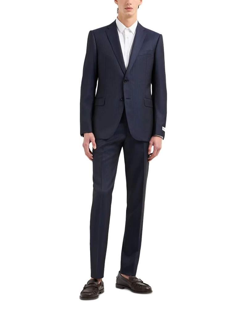 M Line Slim Fit Single Breasted Notch Lapel Suit Herringbone Stripe Wool