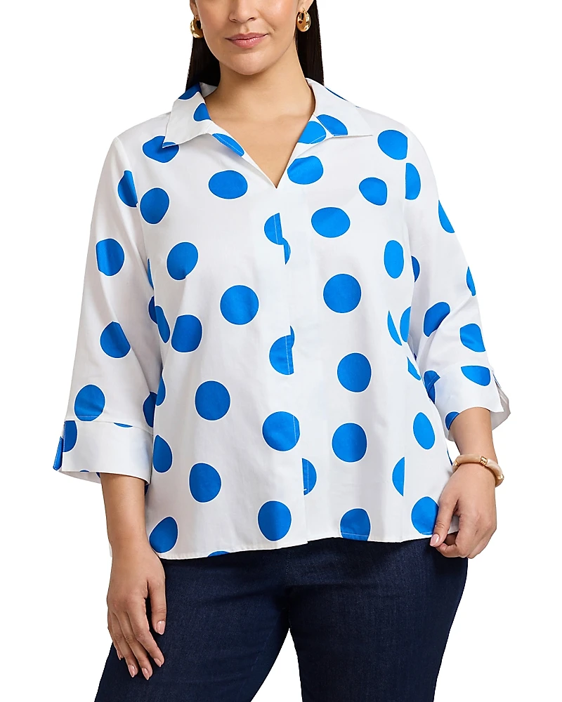 Foxcroft Plus Agnes 3/4 Sleeved Dot Shirt