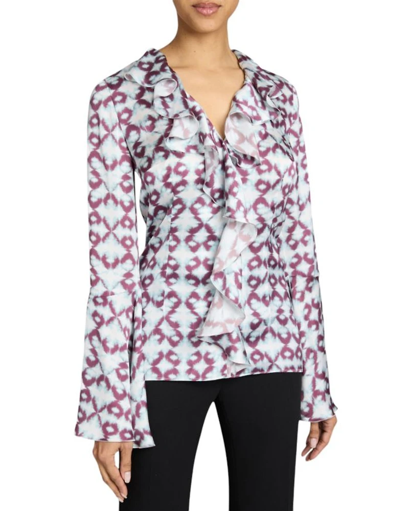 SYDNEY Long Sleeve Button Down Blouse with Ruffles Graphic Printed Charmeuse