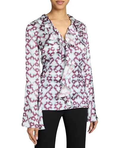 SYDNEY Long Sleeve Button Down Blouse with Ruffles Graphic Printed Charmeuse