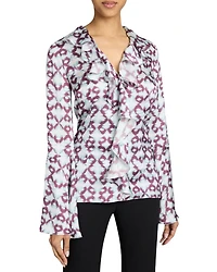 SYDNEY Long Sleeve Button Down Blouse with Ruffles Graphic Printed Charmeuse