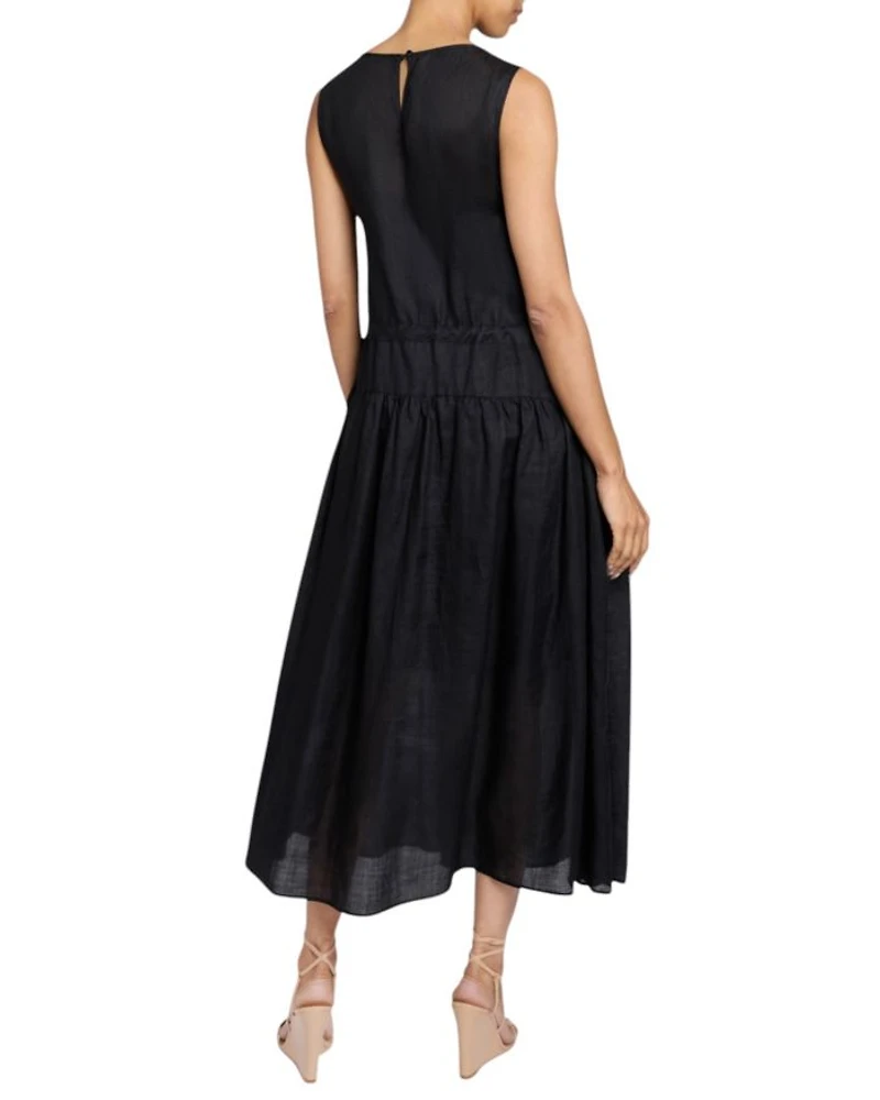 MISTY Sleeveless Midi Dress with Full Skirt and Detachable Slip, Side Pockets Lightweight Ramie