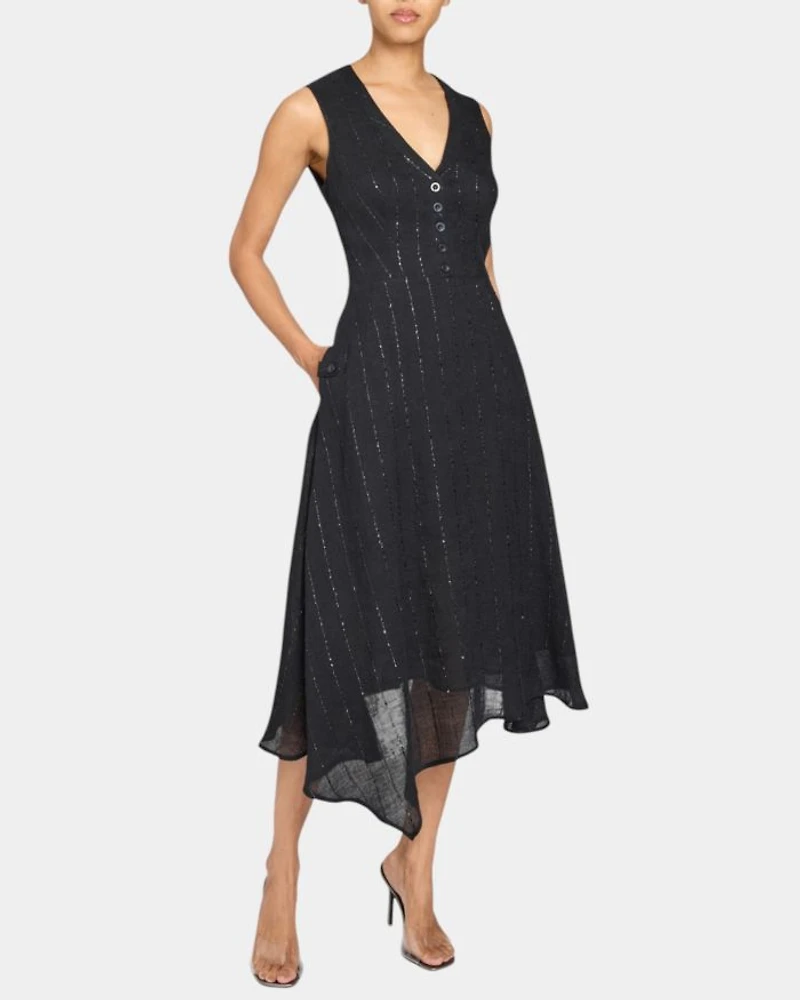 NIA Sleeveless Midi Dress with Asymmetric Hemline and Button Details Metallic Striped Linen