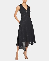 NIA Sleeveless Midi Dress with Asymmetric Hemline and Button Details Metallic Striped Linen