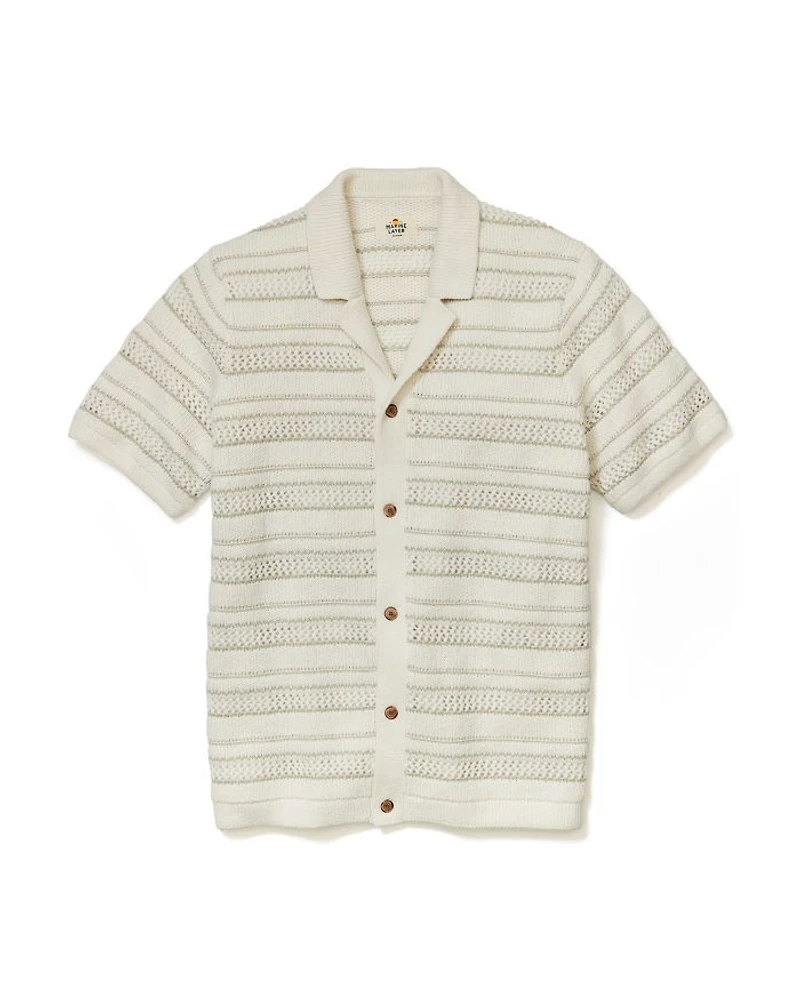 Open Knit Striped Short Sleeve Button Up