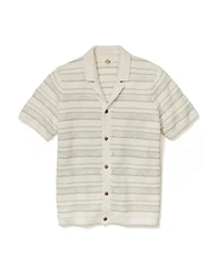 Open Knit Striped Short Sleeve Button Up