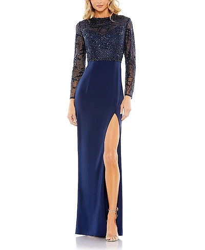 Mac Duggal Embellished High Neck Bodice Faux Wrap Gown