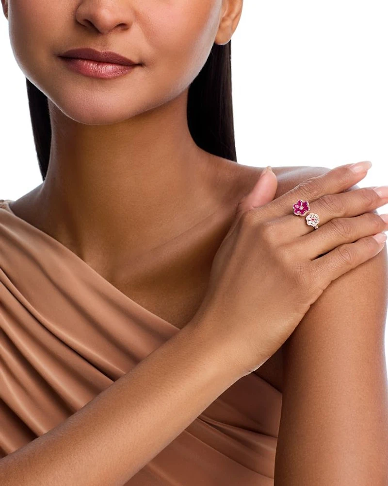 Ruby & Diamond Flower Cuff Ring in 14K Rose Gold