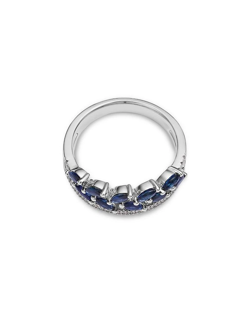 Blue Sapphire & Diamond Double Row Ring in 14K White Gold