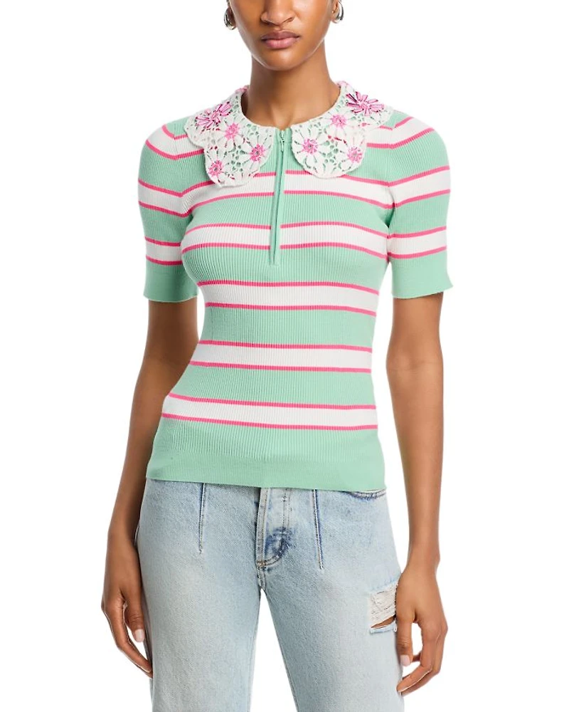Removable Lace Collar Ribbed Knit Top