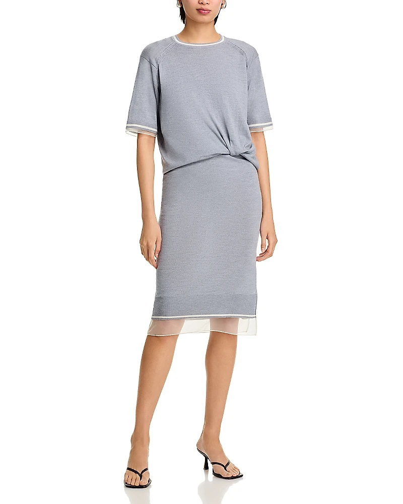 3.1 Phillip Lim Short Sleeve Draped Knit Dress with Chiffon Combo