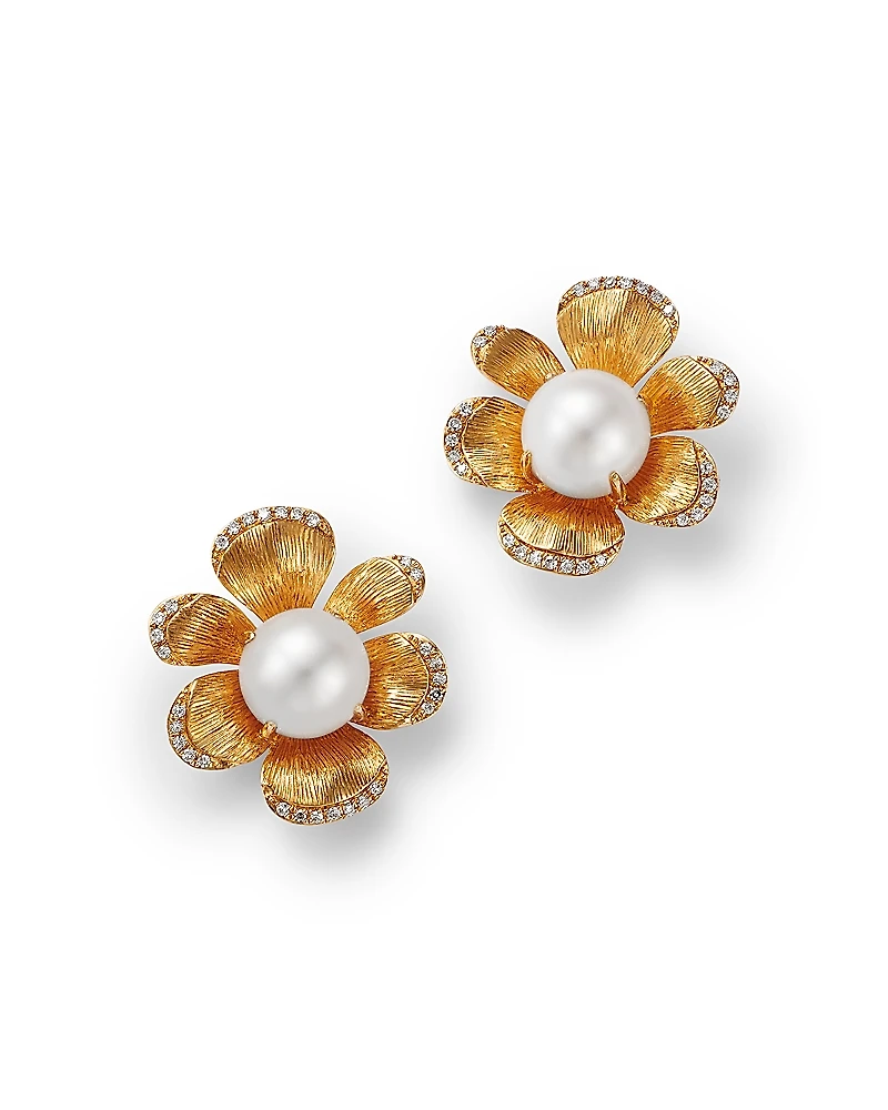 Bloomingdale's Fine Collection Freshwater Pearl & Diamond Flower Stud Earrings