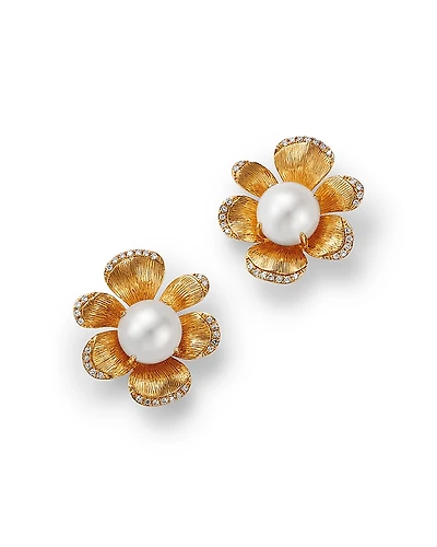 Bloomingdale's Fine Collection Freshwater Pearl & Diamond Flower Stud Earrings