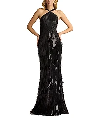 Tadashi Shoji Ares Sequin Fringe Halter Gown