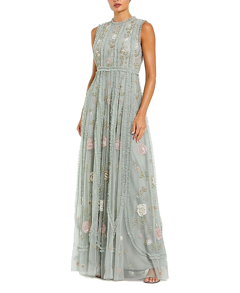 Mac Duggal Floral Mesh Sleeveless A-line Micro Ruffle Gown