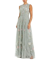 Mac Duggal Floral Mesh Sleeveless A-line Micro Ruffle Gown
