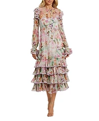 Mac Duggal Long Sleeve Tie Neck Ruffle Detail Floral Dress