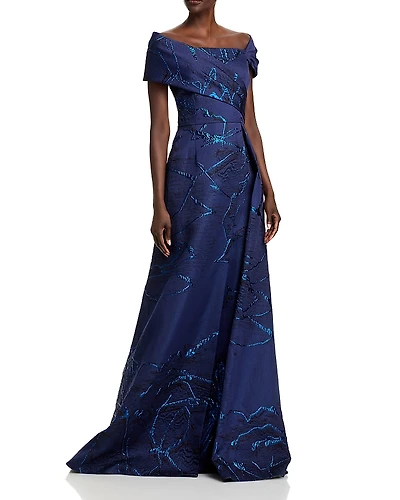 Teri Jon by Rickie Freeman Asymmetrical Jacquard Gown
