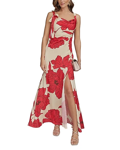 Donna Karan Satin Floral Draped Neck Gown