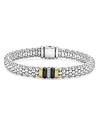 18K Yellow Gold & Sterling Silver Black Caviar Ceramic & Diamond Bead Link Bracelet