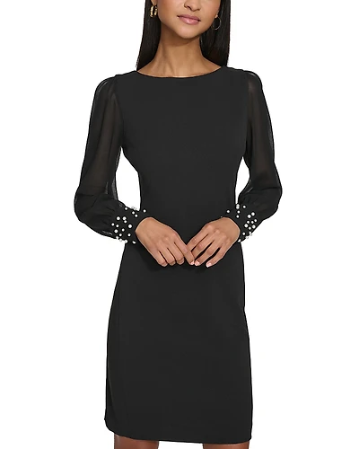 Karl Lagerfeld Paris Scuba Crepe Chiffon Sleeve Sheath Dress