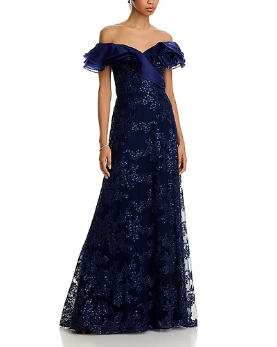 Teri Jon by Rickie Freeman Organza Off Shoulder Sequin Embroidered Tulle Gown