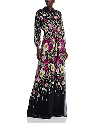 Teri Jon by Rickie Freeman Chiffon Floral Print Shirt Waist Maxi Dress