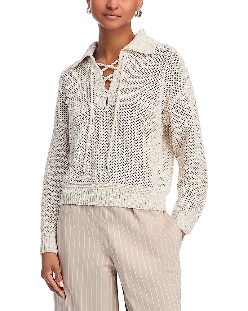 Aqua Sequin Open Stitch Lace Up Sweater - Exclusive