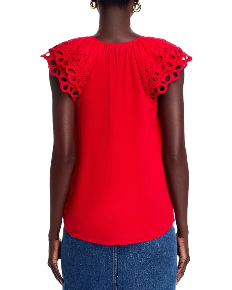 Embroidered Puff Sleeve Split Neck Blouse