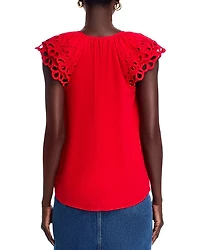 Embroidered Puff Sleeve Split Neck Blouse