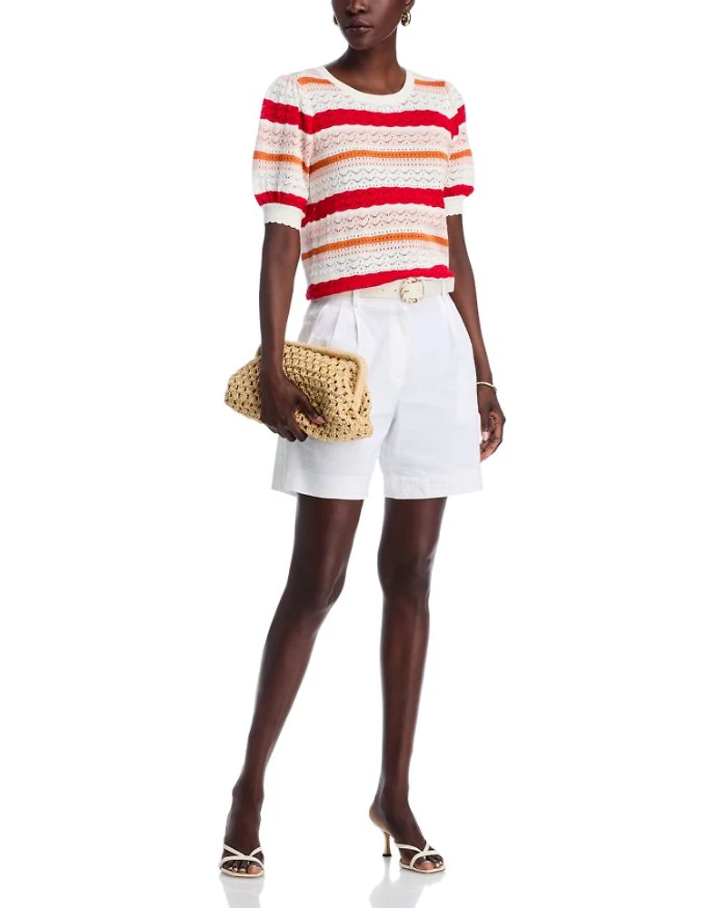 Elbow Blouson Sleeve Pointelle Stitch Sweater